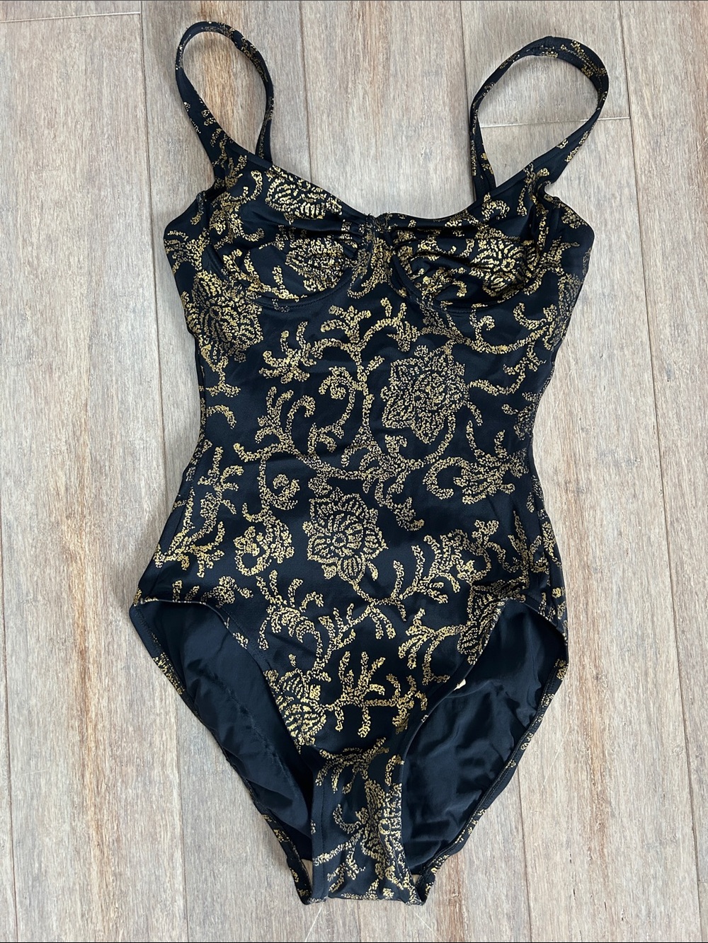 VTG Black & Gold Floral One-Piece Swimsuit for women size VTG 10 S to M